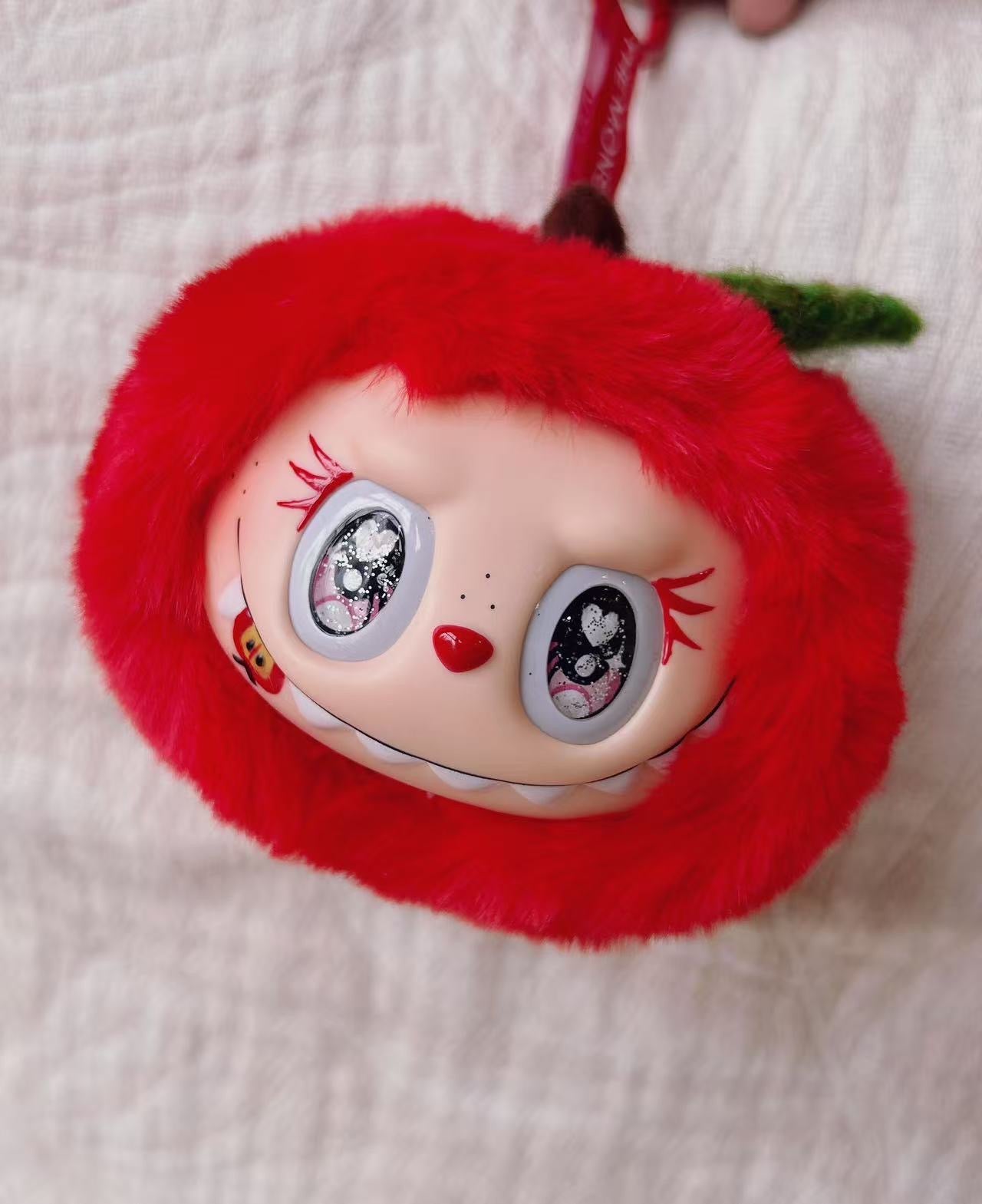 Handmade Apple Doll Head Bag Charm | Red Furry Monster Style | Unique Collectible